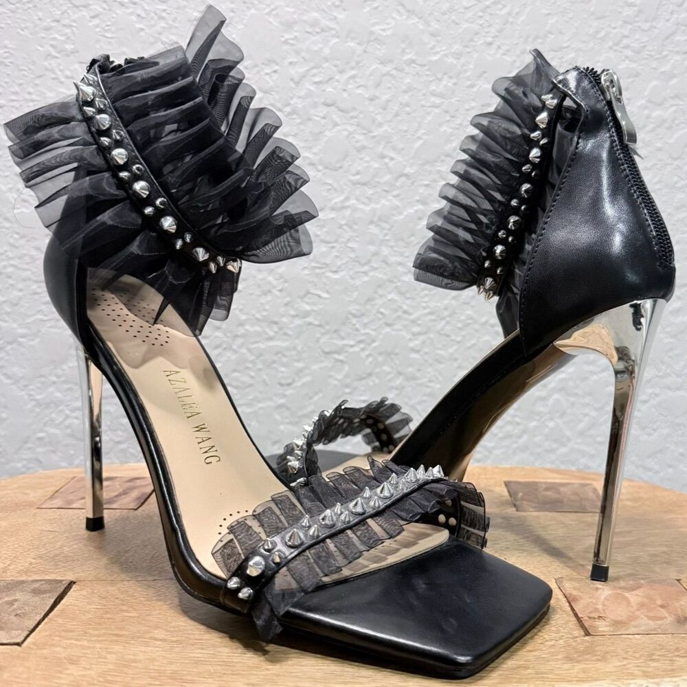 Azalea Wang Tell Me About It Ruffle Spike Stiletto Heels Black Size 9 Worn Once